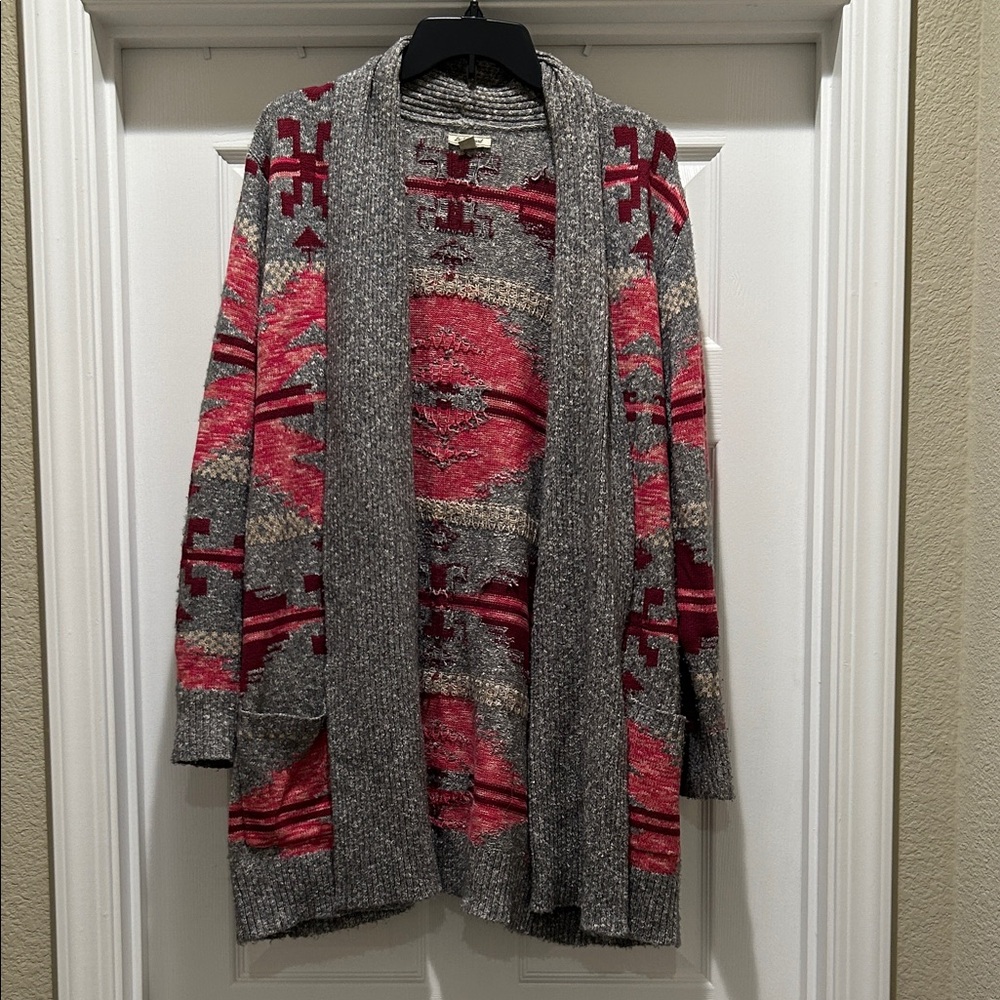 Lucky Brand Gray and Red Aztec Print Cardigan Sweater